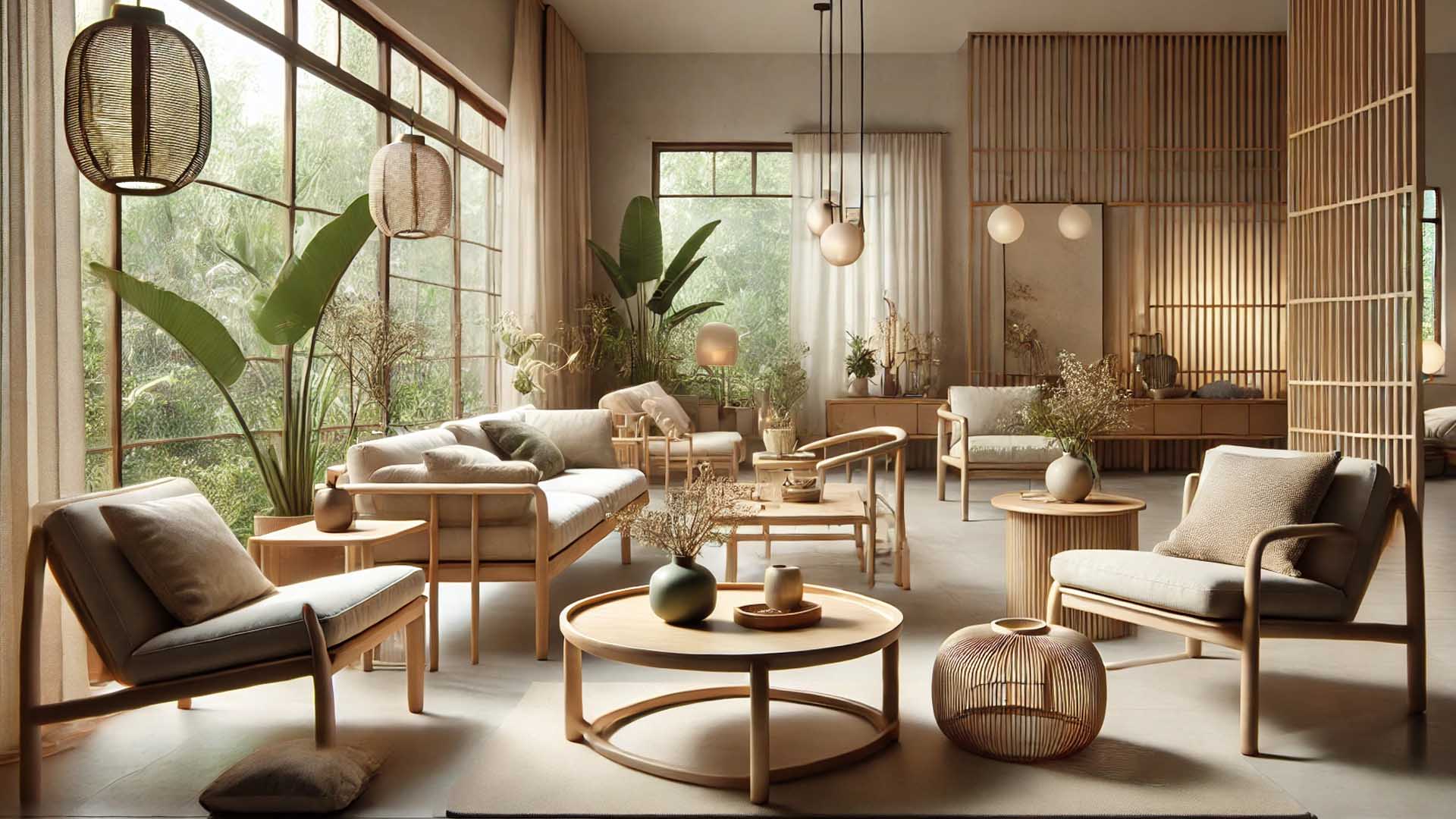 Gambar ruang tamu dengan furnitur fungsional dan simpel ala Japandi.